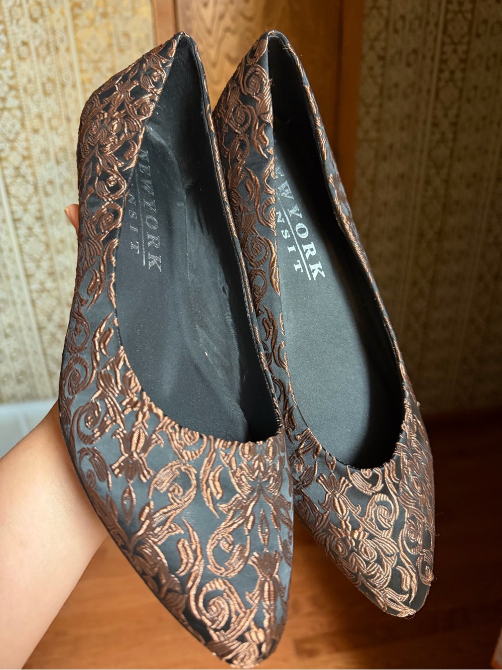 New York Transit Black and Copper Embroidered Pointed Flats